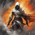 White Assassin emerging from a firey fog of battle, ink splash, Highly Detailed, Vibrant Colors, Ink Art, Fantasy, Dark by Stanley Artgerm Lau