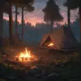 A highly detailed matte painting of a camp fire in the forest at night by studio ghibli, 4k resolution, Masterpiece, Trending on Artstation, Cyberpunk, Octane Render, Volumetric Lighting