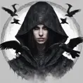 Intricate portrait of a horrifying pale assassin dusk elf, black hair, black eyes, fully covering black hooded armor in an apocalytpic world with Ravens, 8k, Gothic and Fantasy, Beautiful, Sci-Fi, Photo Realistic