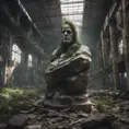 Close up, top view of a huge stone statue broken into pieces inside an abandoned warehouse overgrown inside abandonated factory, big rocks,, 8k, Gothic and Fantasy, Beautiful, Sci-Fi, Photo Realistic by Greg Rutkowski