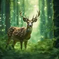 Deer in a green magical forest, Highly Detailed, Bokeh effect, Sharp Focus, Volumetric Lighting, Fantasy by Greg Rutkowski