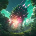 Studio ghibli, rocket explosion, jungle, solar, green technology, optimist future, 8k, Bokeh effect, Cinematic Lighting, Iridescence, Vibrant by Beeple, Dan Mumford, Greg Rutkowski, WLOP