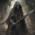 Warrior in tattered gray cloak and crooked ceramic plague docter mask wielding jungle weapon, 8k, Gothic and Fantasy, Elden Ring, Photo Realistic, Dynamic Lighting by Greg Rutkowski