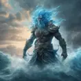 A celestial Blue-skinned God of the Seas, Storms, and Exploring emanating power of the seas, wearing half-leather, shrouded in storms in the style of digital art, 8k, Fantasy