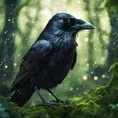 Raven in a green magical forest, Highly Detailed, Bokeh effect, Sharp Focus, Volumetric Lighting, Fantasy by Greg Rutkowski