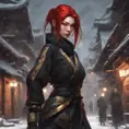 Mysterious beautiful kunoichi ninja with ashen hair wearing black and gold jewelry in the streets of a dark snowy town in russia, 8k, Intricate Details, Trending on Artstation, Red Hair by Stanley Artgerm Lau, WLOP