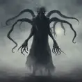 Humanoid creature eldritch horror, dark obscured by fog, full body shot, far away, 8k, Gothic and Fantasy, Beautiful, Sci-Fi, Photo Realistic