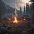 A highly detailed matte painting of a camp fire in an epic mountain forest, 4k resolution, Masterpiece, Trending on Artstation, Cyberpunk, Octane Render, Volumetric Lighting