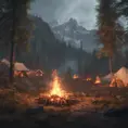 A highly detailed matte painting of a camp fire in an epic mountain forest, 4k resolution, Masterpiece, Trending on Artstation, Cyberpunk, Octane Render, Volumetric Lighting