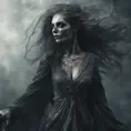 Ghostly rotting dead evil undead siren, graceful, flowing robes, wispy, glowing dark eyes, darkness, 8k, Gothic and Fantasy, Beautiful, Sci-Fi, Photo Realistic