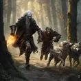 an a old dark elf running into the wood being pursuit by a wolf and humans with an torch. About middle earth, 8k, Gothic and Fantasy, Beautiful, Sci-Fi, Photo Realistic by Greg Rutkowski