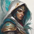 Kassandra white hooded assassin, Highly Detailed, Vibrant Colors, Ink Art, Fantasy, Dark by Peter Mohrbacher