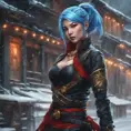 Mysterious beautiful kunoichi ninja with blue hair wearing black, red, and gold jewelry in the streets of a dark snowy town in russia, 8k, Intricate Details, Trending on Artstation, Red Hair by Stanley Artgerm Lau, WLOP