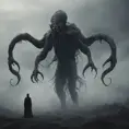 Humanoid creature eldritch horror, dark obscured by fog, full body shot, far away, 8k, Gothic and Fantasy, Beautiful, Sci-Fi, Photo Realistic