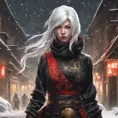 Mysterious beautiful kunoichi ninja wearing black, red and gold in the streets of a dark snowy town in russia, 8k, Intricate Details, Trending on Artstation, White Hair by Stanley Artgerm Lau, WLOP