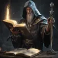 Fierce wizard with book in left and sword right hand, 8k, Gothic and Fantasy, Elden Ring, Photo Realistic, Dynamic Lighting by Greg Rutkowski