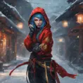 Mysterious beautiful kunoichi ninja wearing black, red and gold in the streets of a dark snowy town in russia, 8k, Intricate Details, Trending on Artstation, Blue Hair by Stanley Artgerm Lau, WLOP