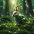 Rabbit in a green magical forest, Highly Detailed, Bokeh effect, Sharp Focus, Volumetric Lighting, Fantasy by Greg Rutkowski