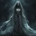 Ghostly rotting dead evil undead siren, graceful, flowing robes, wispy, glowing dark eyes, darkness, 8k, Gothic and Fantasy, Beautiful, Sci-Fi, Photo Realistic