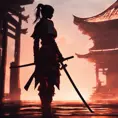 Silhouette of a samurai female assassin in the style of Fire watch, 8k, Dystopian, Trending on Artstation, Volumetric Lighting