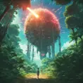 Studio ghibli, rocket explosion, jungle, solar, green technology, optimist future, 8k, Bokeh effect, Cinematic Lighting, Iridescence, Vibrant by Beeple, Dan Mumford, Greg Rutkowski, WLOP