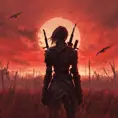 Back view of a female assassin on a bloody batte field. The sky is colored by a red sun set, Dystopian, Volumetric Lighting