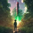 Studio ghibli, rocket explosion, jungle, solar, green technology, optimist future, 8k, Bokeh effect, Cinematic Lighting, Iridescence, Vibrant by Beeple, Dan Mumford, Greg Rutkowski, WLOP