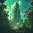 Studio ghibli, rocket explosion, jungle, solar, green technology, optimist future, 8k, Bokeh effect, Cinematic Lighting, Iridescence, Vibrant by Beeple, Dan Mumford, Greg Rutkowski, WLOP