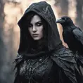 Intricate portrait of a horrifying pale assassin dusk elf, black hair, black eyes, fully covering black hooded armor, ravens, 8k, Gothic and Fantasy, Beautiful, Sci-Fi, Photo Realistic