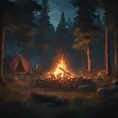 A highly detailed matte painting of a camp fire in the forest at night by studio ghibli, 4k resolution, Masterpiece, Trending on Artstation, Cyberpunk, Octane Render, Volumetric Lighting