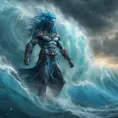 A celestial Blue-skinned God of the Seas, Storms, and Exploring emanating power of the seas, wearing half-leather, shrouded in storms in the style of digital art, 8k, Fantasy