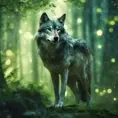 Wolf in a green magical forest, Highly Detailed, Bokeh effect, Sharp Focus, Volumetric Lighting, Fantasy by Greg Rutkowski