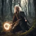 A masculine blonde wizard inside the forest, fighting an evil spirit with a magical staff, 8k, Gothic and Fantasy, Beautiful, Sci-Fi, Photo Realistic