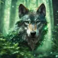 Wolf in a green magical forest, Highly Detailed, Bokeh effect, Sharp Focus, Volumetric Lighting, Fantasy by Greg Rutkowski