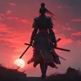 Backview of a female samurai assassin. The sky is colored by a red sun set, 8k, Dystopian, Trending on Artstation, Volumetric Lighting