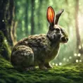 Rabbit in a green magical forest, Highly Detailed, Bokeh effect, Sharp Focus, Volumetric Lighting, Fantasy by Greg Rutkowski