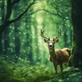 Deer in a green magical forest, Highly Detailed, Bokeh effect, Sharp Focus, Volumetric Lighting, Fantasy by Greg Rutkowski