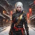 Mysterious beautiful kunoichi ninja wearing black, red and gold in the streets of a dark snowy town in russia, 8k, Intricate Details, Trending on Artstation, White Hair by Stanley Artgerm Lau, WLOP