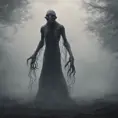 Humanoid creature eldritch horror, dark obscured by fog, full body shot, far away, 8k, Gothic and Fantasy, Beautiful, Sci-Fi, Photo Realistic