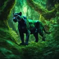 Panther in a luscious green magical forest, Highly Detailed, Bokeh effect, Sharp Focus, Volumetric Lighting, Fantasy by Greg Rutkowski