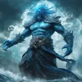 A celestial Blue-skinned God of the Seas, Storms, and Exploring emanating power of the seas, wearing half-leather, shrouded in storms in the style of digital art, 8k, Fantasy