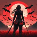 Back view of a female ninja on a bloody batte field. Flying bats in the sky that is colored by a red sun set, Dystopian, Volumetric Lighting