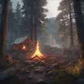 A highly detailed matte painting of a camp fire in an epic mountain forest, 4k resolution, Masterpiece, Trending on Artstation, Cyberpunk, Octane Render, Volumetric Lighting