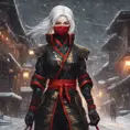 Mysterious beautiful kunoichi ninja wearing black, red and gold in the streets of a dark snowy town in russia, 8k, Intricate Details, Trending on Artstation, White Hair by Stanley Artgerm Lau, WLOP