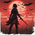 Back view of a female ninja on a bloody batte field. Flying bats in the sky that is colored by a red sun set, Dystopian, Volumetric Lighting