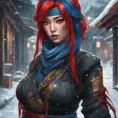 Mysterious beautiful kunoichi ninja with blue hair wearing black, red, and gold jewelry in the streets of a dark snowy town in russia, 8k, Intricate Details, Trending on Artstation, Red Hair by Stanley Artgerm Lau, WLOP