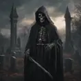 Portrait of the grim reaper in a graveyard, 8k, Gothic and Fantasy, Elden Ring, Photo Realistic, Dynamic Lighting by Greg Rutkowski