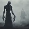 Humanoid creature eldritch horror, dark obscured by fog, full body shot, far away, 8k, Gothic and Fantasy, Beautiful, Sci-Fi, Photo Realistic