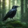 Raven in a green magical forest, Highly Detailed, Bokeh effect, Sharp Focus, Volumetric Lighting, Fantasy by Greg Rutkowski