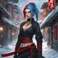 Mysterious beautiful kunoichi ninja with blue hair wearing black, red, and gold jewelry in the streets of a dark snowy town in russia, 8k, Intricate Details, Trending on Artstation, Red Hair by Stanley Artgerm Lau, WLOP